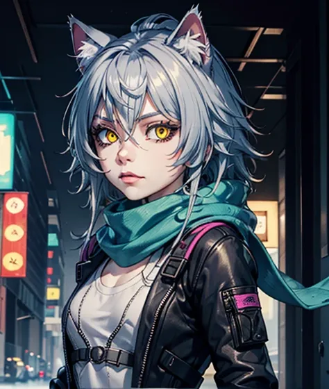 ,Rolua Noa (artstyle),techwear cyberpunk fashion ,furry, cat girl, blue eyes, yellow eyes, cat ears, gray hair , scarf , 