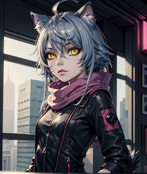 ,Rolua Noa (artstyle),techwear cyberpunk fashion ,furry, cat girl, blue eyes, yellow eyes, cat ears, gray hair , scarf , 