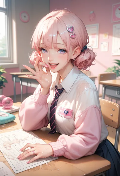 sexy anime sister (happy and horny), (((wet))) wear, multiple handjob gesture, anime, hentai, cartoon, hardcore hentai, erome, cum on wet toy, sit on desk, in pink room, pastel color style,