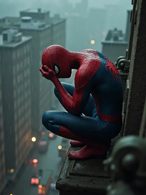 ((A 25-year-old young man, Peter Parker, expression of sadness, head down, dressed in the classic Spider-Man suit up to the neck, without a mask, intriguing details of the classic uniform)) [weight: 1.3], ((crouching pose on top of a gargoyle statue, old a...