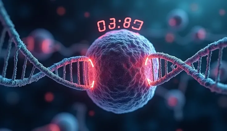 "A hyper-detailed microscopic view of a human cell dividing. The glowing DNA strands show protective telomeres at their ends, which gradually shorten with each division. A countdown timer hovers over the cells, symbolizing their limited lifespan."