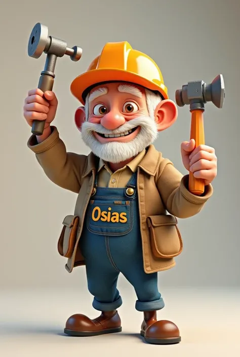 CREATE A 3D CHARACTER OF AN ELDERLY YOUNG MAN ANIMATION STYLE,  WITH CONSTRUCTION TOOLS IN YOUR HANDS , UNIFORMED WITH THE NAME OSIAS 