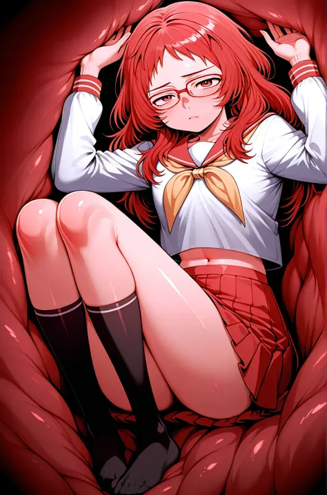 masterpiece, best quality,  absurdres, highres, cinematic light, 1girl,  miewz, red eyes, glasses, red hair, long hair, serafuku, sailor collar, yellow neckerchief, white shirt, school uniform, red skirt, pleated skirt, black socks,,
inside a stomach, stom...