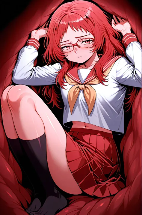 masterpiece, best quality,  absurdres, highres, cinematic light, 1girl,  miewz, red eyes, glasses, red hair, long hair, serafuku, sailor collar, yellow neckerchief, white shirt, school uniform, red skirt, pleated skirt, black socks,,
inside a stomach, stom...