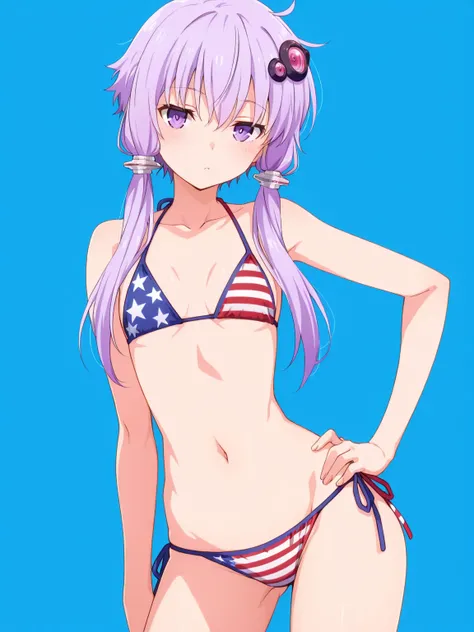 score_9, score_8_up, score_7_up,  source_anime, masterpiece, best quality, anime screencap,source_anime, anatomically correct,
(front view),cowboy shot,model posing,hand on hips,contrapposto,
yuzuki yukari,
american flag bikini,
simple background,blue back...