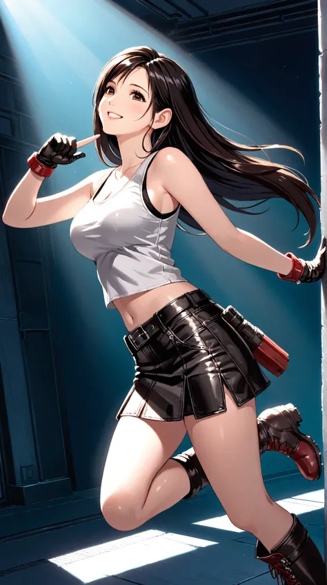 Tifa Lockhart, Final Fantasy VII, cute and playful pose, winking, looking upward with a flirty smile,
slim and fit body, long black hair, wearing a white tank top and a black mini skirt,
leather gloves and boots, glossy fabric texture, anime-style, high qu...