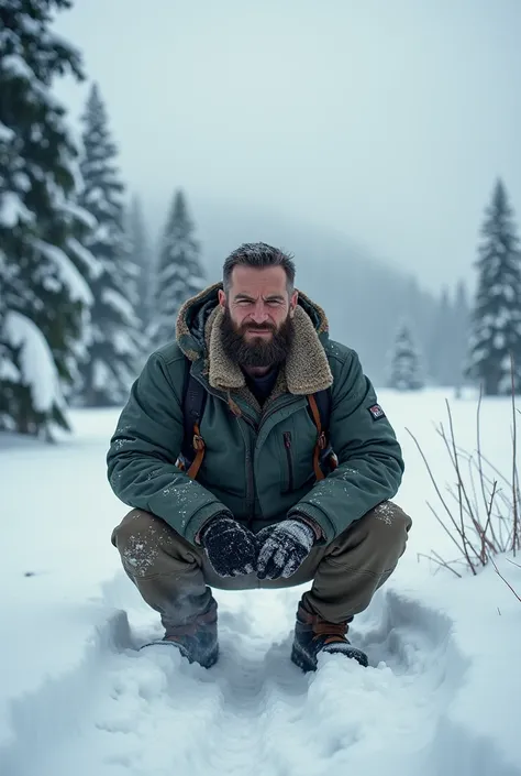 A man pooping in the snow