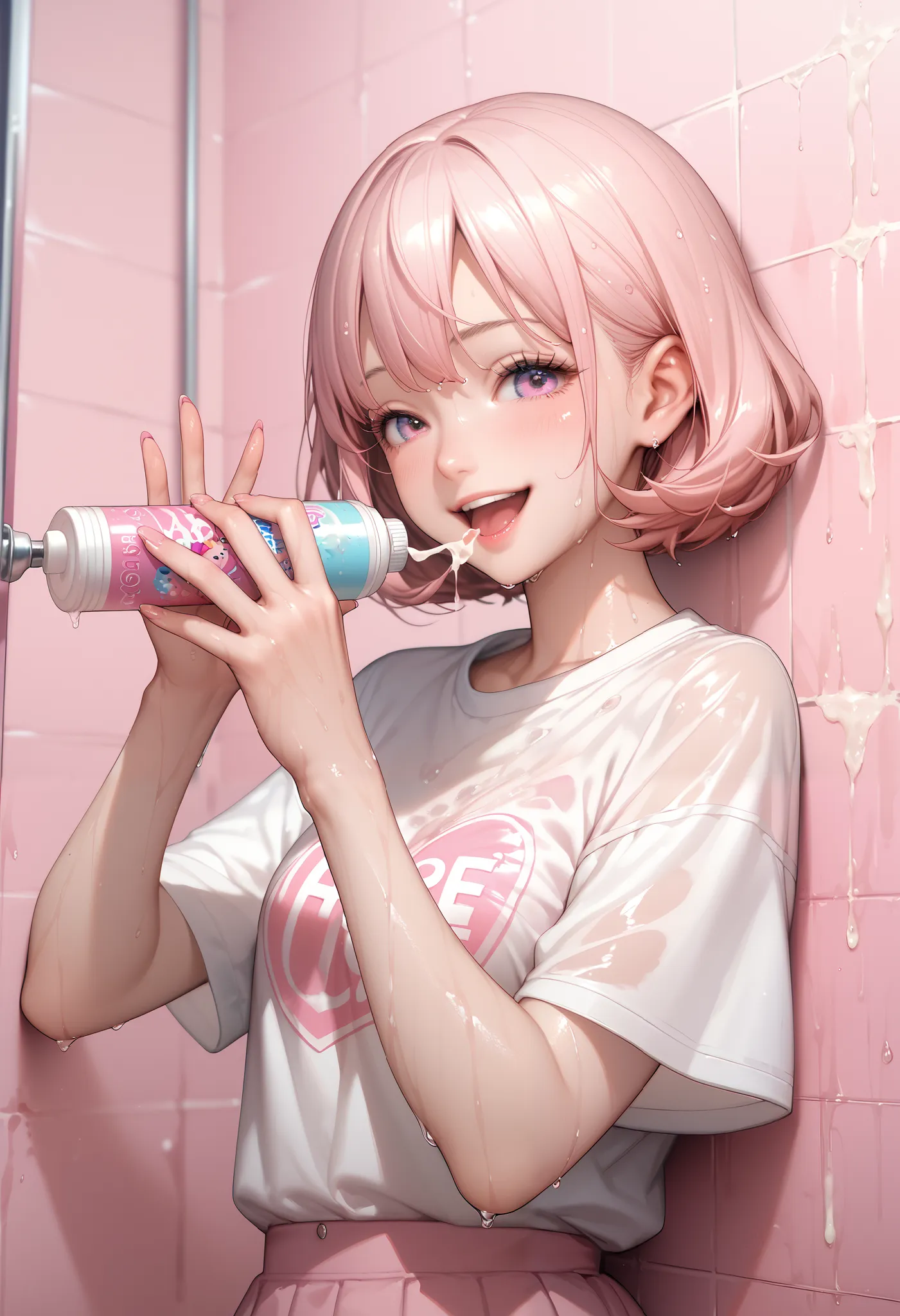 sexy anime sister (happy and horny), (((wet))) wear, multiple handjob gesture, anime, hentai, cartoon, hardcore hentai, erome, cum on wet toy, on wall, in pink room, pastel color style,