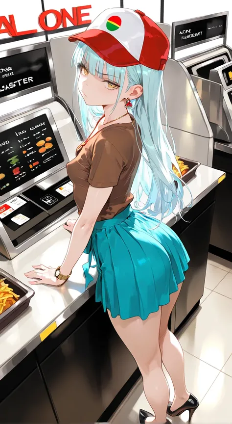 NSFW, masterpiece, best quality, amazing quality, very aesthetic, realistic detailed anime, fast food restaurant, 1girl, \(alone, (cashier), long light blue hair, straight bangs, yellow eyes, small breasts, thin, tall, brown shirt, heels, earrings, necklac...