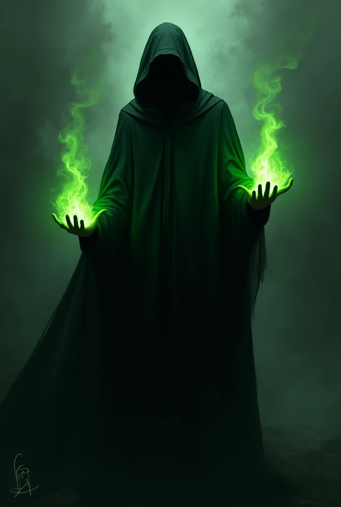 Draw a man in a black coat, with a black face closed hood, whose palms are burning with green fire