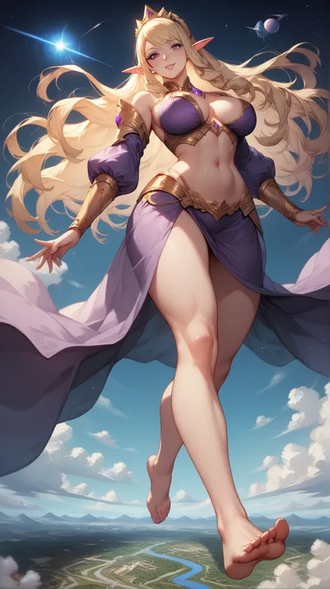 Belly free, 2 giant women, floating in space, look down, tall, space, long hair, good quality, giantess in a city, blonde hair, violet eyes, make her bigger, barefoot, taller as a skyscraper, taller than earth, elf princess, violet clothes, goddess 