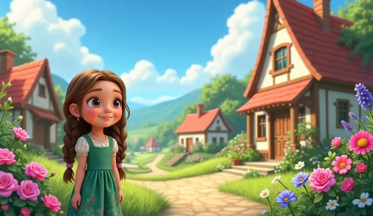 A picturesque village scene with quaint cottages, blooming flowers, and cheerful villagers. Elara, a young girl with long, brown braided hair, looks out with longing eyes. She's wearing a green dress adorned with floral patterns. The sky is bright blue, an...