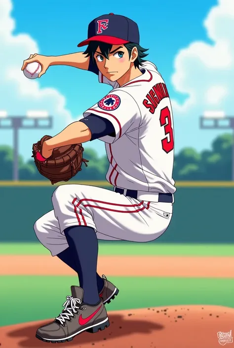 diamond ace，Sawamura Sakai Jun，Baseball Suit，leather，  animation style ，Become a leather thing