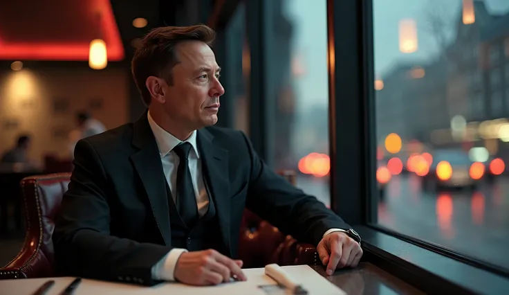 Elon Musk looks out the window mysteriously at the restaurant