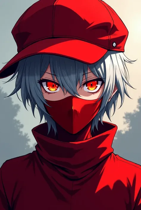 A strong but not so white-haired anime character with a cap on the right side, the cap has to be red, the eyes are on fire with a mask that covers only the mouth and with a red shirt. 