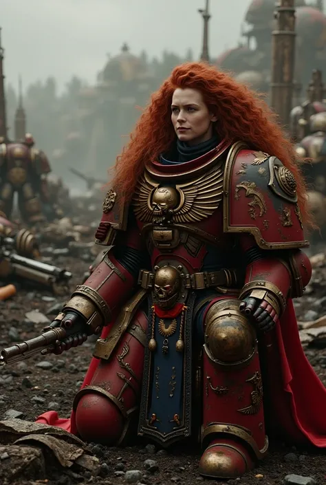 beautiful 28 year old woman, long red hair, sweet smile, delicate features, wearing warhammer 40,000 armored armor, in a battlefield, on one knee 