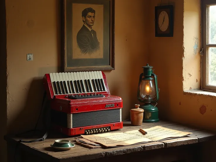 "Old master oil painting. A still life composition featuring an ultra-realistic and lush red italian accordion, the and an aged musical sheet resting on a rustic wooden table inside a rural clay house in Brazil. An old igurative portrait poster on the wall...