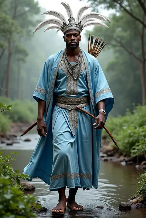 black man wearing light blue and silver African clothing, wearing a silver king's crown with white feathers, carrying a bow and arrow, walking in the woods by the river