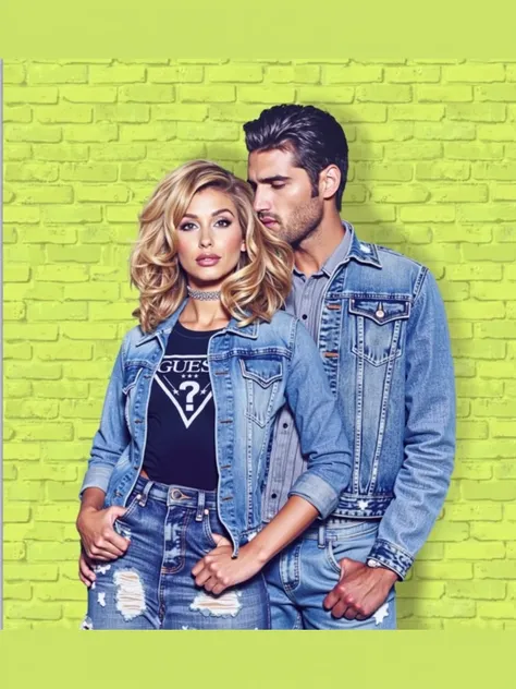 Photorealistic image of young woman and man in jeans outfit standing against yellow brick wall.