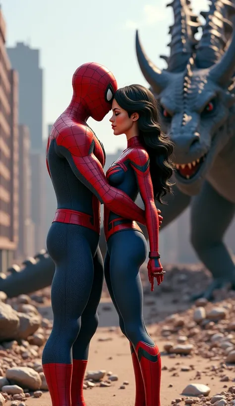 Spiderman hugging superwoman in a destroyed city. In background big black dragon laying on ground dead.his eyes are closed .3d vibrant cinematic image cartoon style 