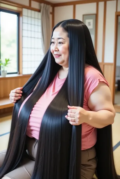 8k, highest quality,  masterpiece,   ultra high resolution ,( masterpiece:1.6,  highest quality),  intricate details in the tatami room,  female 1 person,  mature woman in her 50s, I'm tying up my ridiculously long black hair, pink sleeveless,