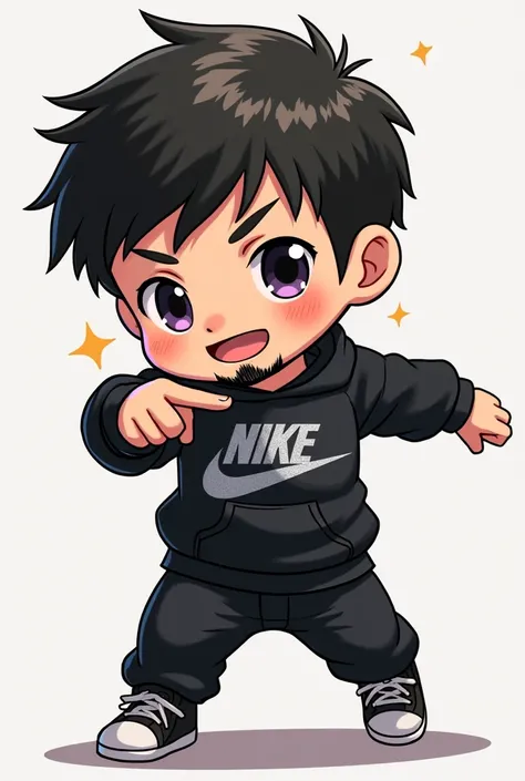  masterpiece,  medium short plane ,  contraction gesture , Chibi, short black hair with butt ,
 short beard, Nike black sweatshirt with silver details, pointing with finger, Jugando expression