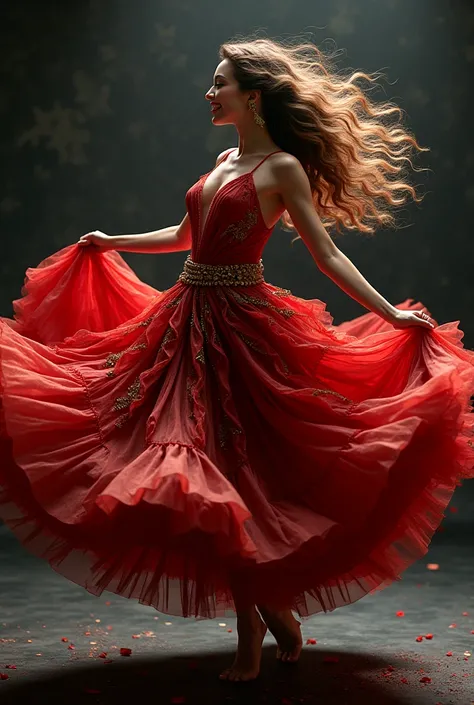  Long-haired woman, happy, dancing,  with long dress ,  on the black layered skirt, red and gold