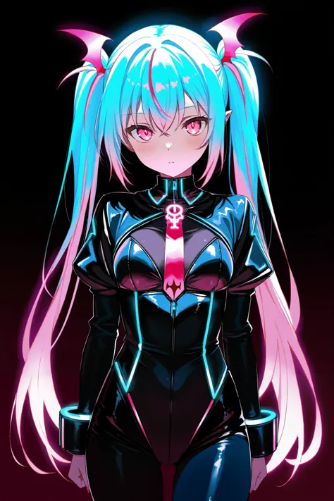 cute anime vampire girl, neon hair, neon fangs, neon lights, neon colors, black dark background, black futuristic style outfit, neon glowing outlines, masterpiece, highest quality,amazing quality,absurdres