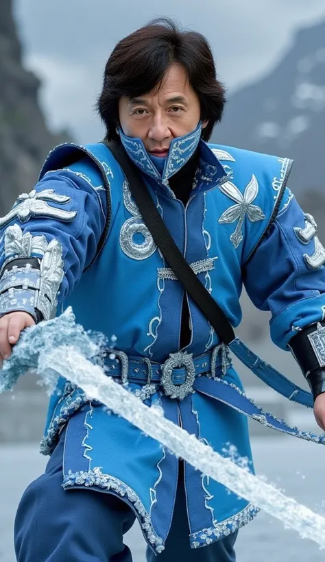  Jackie Chan assumes the role of Sub-Zero in an agile and masterful version of the legendary warrior of *Mortal Kombat*.  Wearing traditional blue and black armor ,  with crystallized ice details ,  he combines the elegance of the martial arts with the rel...