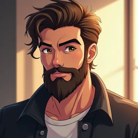 A handsome anime-style man with brown hair and a well-groomed full beard. His hair is slightly messy yet stylish, with strands falling over his forehead. He has sharp, expressive brown eyes and a confident yet calm expression. He is wearing a modern casual...