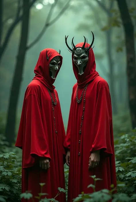 Two people wearing masks and red clothes in a forest 