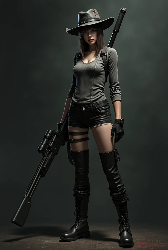 Resident Evil style girl , skinny,  pale skin ,  with a gray long-sleeved blouse ,  tight black denim shorts,  wearing black leather boots , with shotgun ,  a distressed black wool hat  