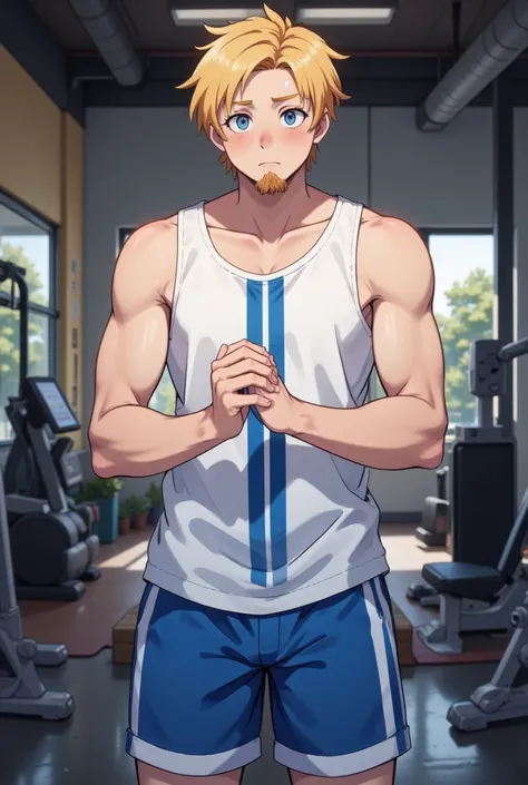 A anime guy wearing blue shorts with white strips and baggy loose white tank-top with an off center vertical blue stripe. Short blonde hair, blue eyes, scruffy 5 o’clock shadow beard, tall, lanky. Has a shy nervous look on his face like he wants to ask you...