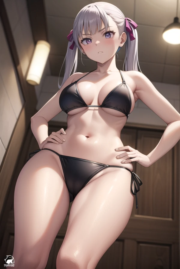 noellesilva, noelle silva, hair ribbon, long hair, (purple eyes:1.1), silver hair, twintails,
BREAK bikini, black sports bikini,
BREAK looking at viewer, hands on hips, thighs
BREAK indoors, low angle shot, from below
BREAK (masterpiece:1.2), best quality,...