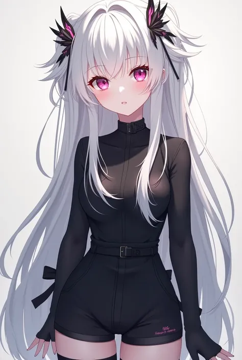 Anime avatar white hair pink white eyes with decorations with black shirt black shorts with black tights