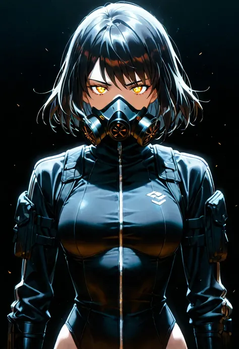 anime solo leveling, cha hae in, stylish shot, beautiful, serious face, slim body, dark style, tactical respirator, squinted eyes, dark background,, High Resolution, Masterpiece, anatomically correct, Best Quality, High Quality.