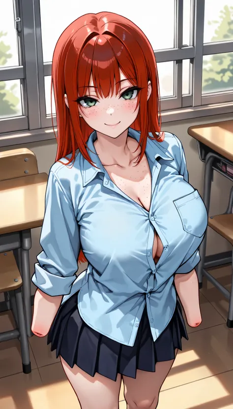 beautiful armless amputee girl dressed in blue shirt with rolled sleeves and skirt standing in the classroom, girl, cute, sassy, smile, green eyes, (freckles), ((long straight red hair)), ((light blue button down shirt)), (rolled up sleeves), ((missing for...