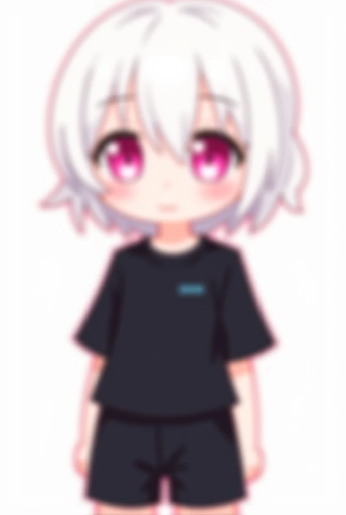 Anime avatar pink eyes with white hearts white skin short white emo hair short black shirt with sleeves and shorts from comedies black