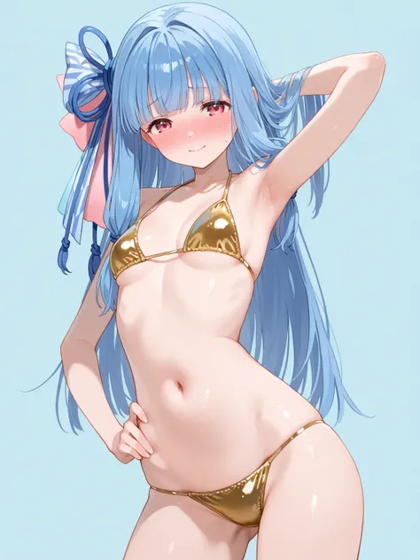 score_9, score_8_up, score_7_up,  source_anime, masterpiece, best quality, anatomically correct,good hands,
(front view),model posing,hand on hips,armpit,contrapposto,hand behind head,Arching the body backward,
kotonoha aoi,
shiny skin,
golden bikini,
smil...