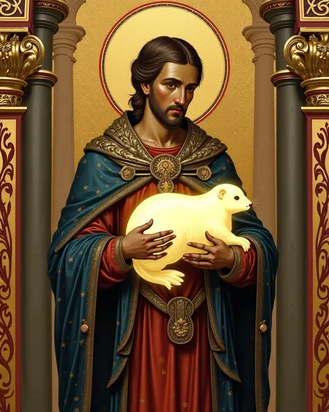 A byzantin painting, A saint holding a glowing beaver 