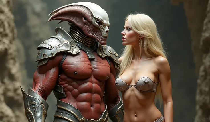 yautja ( male background,  with reddish and white skin wearing silver and gold armor,  wearing a simple mask ) next to a blonde human  (female,  with a voluptuous body and large breasts )