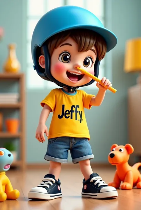 Teenager with pencil in his nose wearing blue helmet, yellow t-shirt with sing jeffy, blue jeans short, black sneakers playing with baby toys