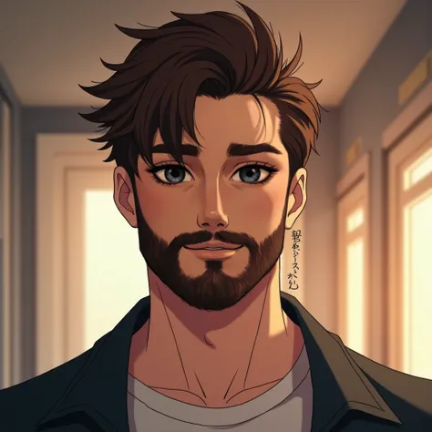 A handsome anime-style man with brown hair and a well-groomed full beard is smiling. His hair is slightly messy yet stylish, with strands falling over his forehead. He has sharp, expressive brown eyes and a confident yet calm expression. He is wearing a mo...