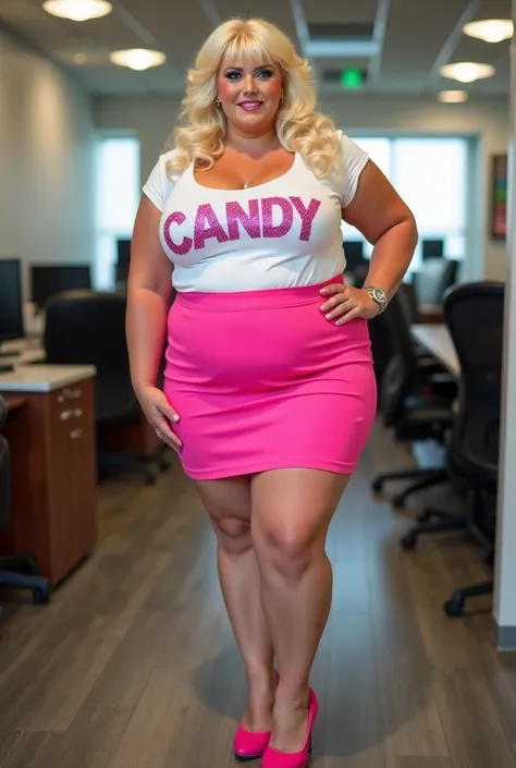 A ultra realistic photo of a slightly overweight 45 year old office bimbo standing she’s still wearing a bright pink micro mini skirt so short you can almost see her underwear, a white top with glittery letters that spell out "Candy" and high heels. My blo...