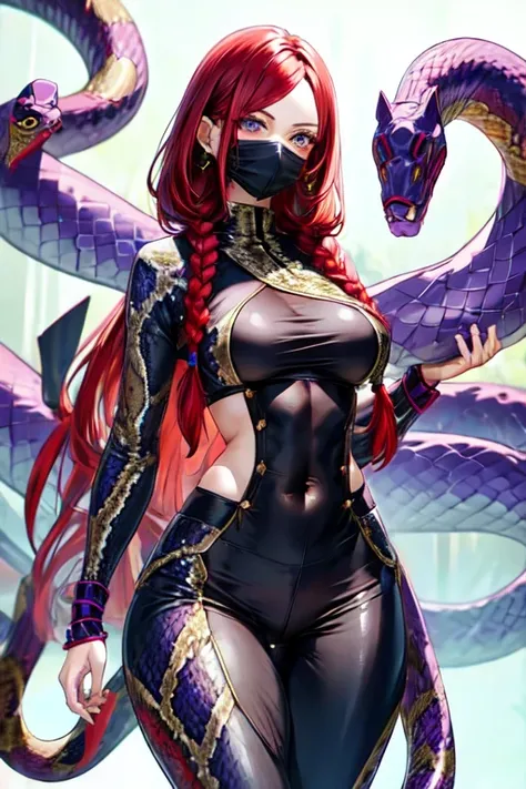 Light purple snake fashion girl, ninja girl, tight clothes, wide hips, narrow waist, Braids, red hair, snake scale patterns, ninja mouth mask, (masterpiece, best quality:1.3)