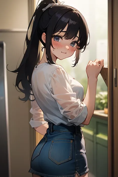 (masterpiece, best quality), see-through white clothes, ponytail tied up, denim skirt, pretty, black long hair, sharp impression ,  in university, blush face