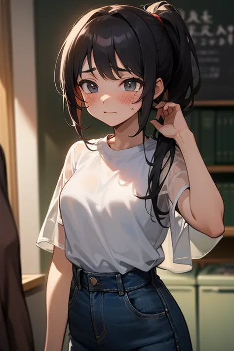 (masterpiece, best quality), see-through white clothes, ponytail tied up, denim skirt, pretty, black long hair, sharp impression ,  in university, blush face