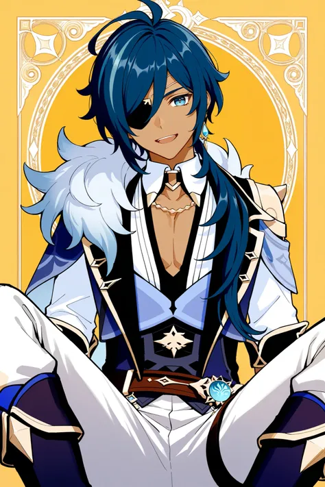 male, Kaeya Genshin Impact, long navy-blue hair with streaks of lighter blue, tan skin, eye patch, one visible eye periwinkle with a diamond-shaped pupil, blue jacket, white-collared open blouse, half-cape with a fur collar, white pants, blue and and gold ...