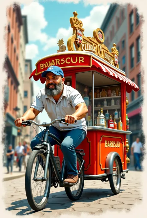 Create a vertical portrait image ,  of a barber man on a bicycle pulling an establishment with wheels