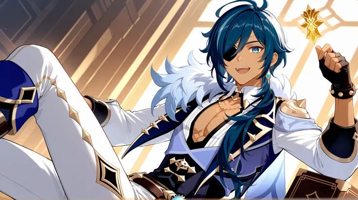 male, Kaeya Genshin Impact, long navy-blue hair with streaks of lighter blue, tan skin, eye patch, one visible eye periwinkle with a diamond-shaped pupil, blue jacket, white-collared open blouse, half-cape with a fur collar, white pants, blue and and gold ...